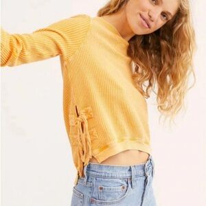 FREE PEOPLE ONE Waffle Knit Top Long Sleeve Interlaken Thermal Cropped Orange S